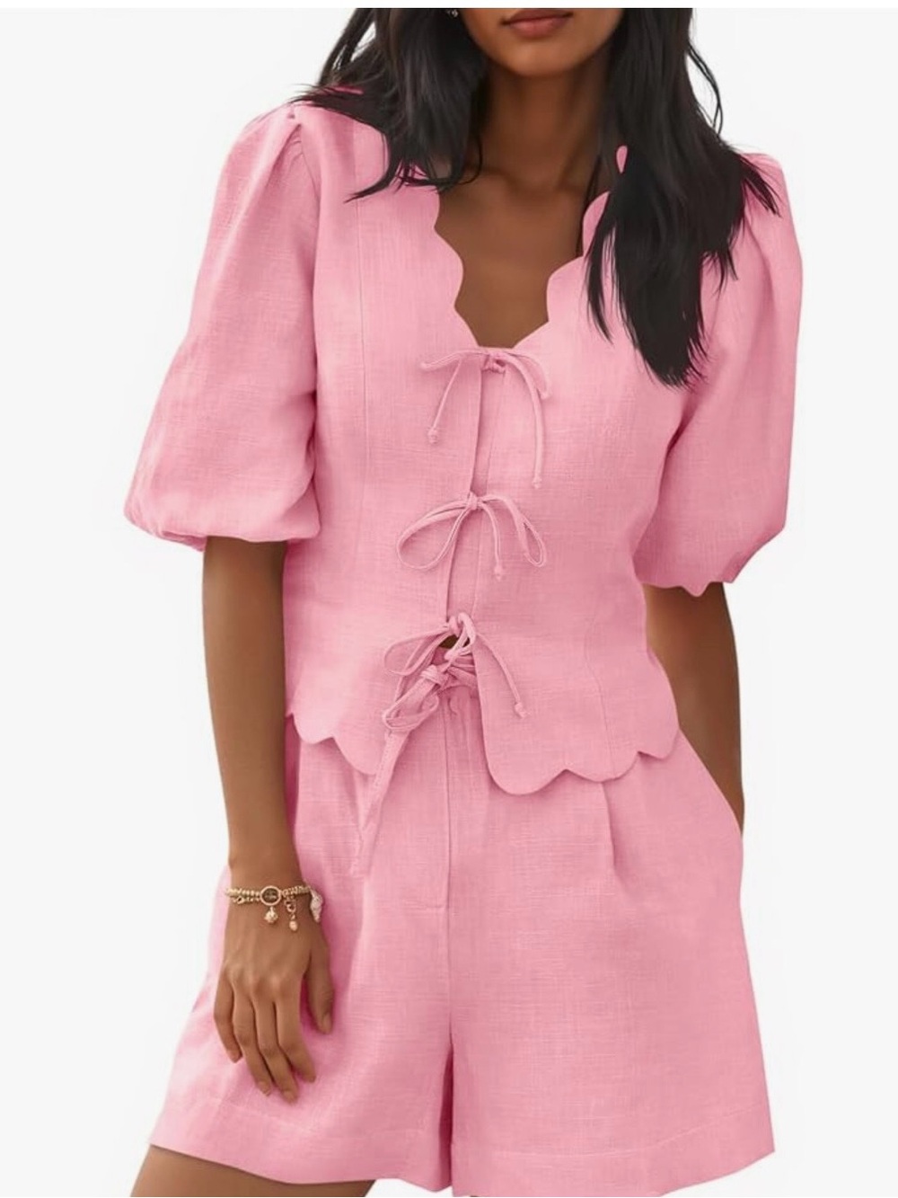 Amazon Pink Tie-Front Linen Set - High Waist Shorts